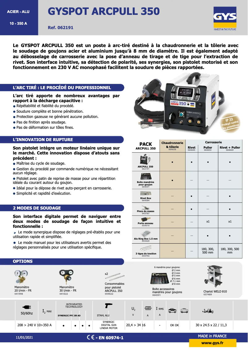 Page 1 of the manual Technical Sheet GYS Arcpull 350