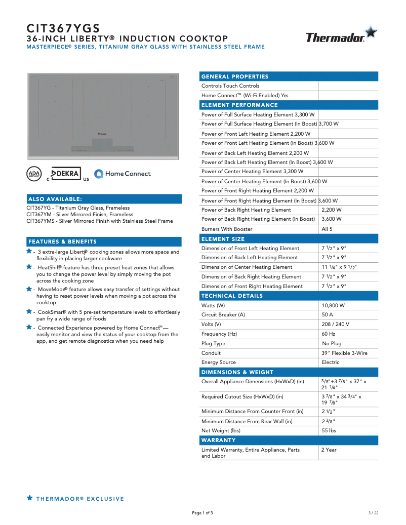 Page 1 of the manual Technical Sheet Thermador CIT367YGS