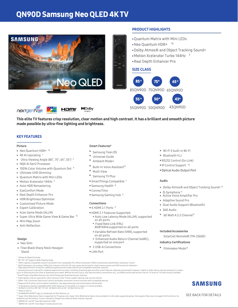 Page 1 of the manual Technical Sheet Samsung QN43QN90DAF