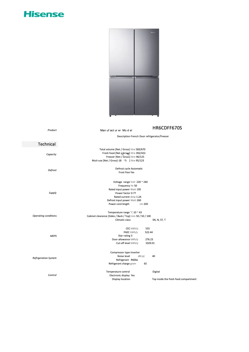 Page 1 of the manual Technical Sheet Hisense HR6CDFF670S