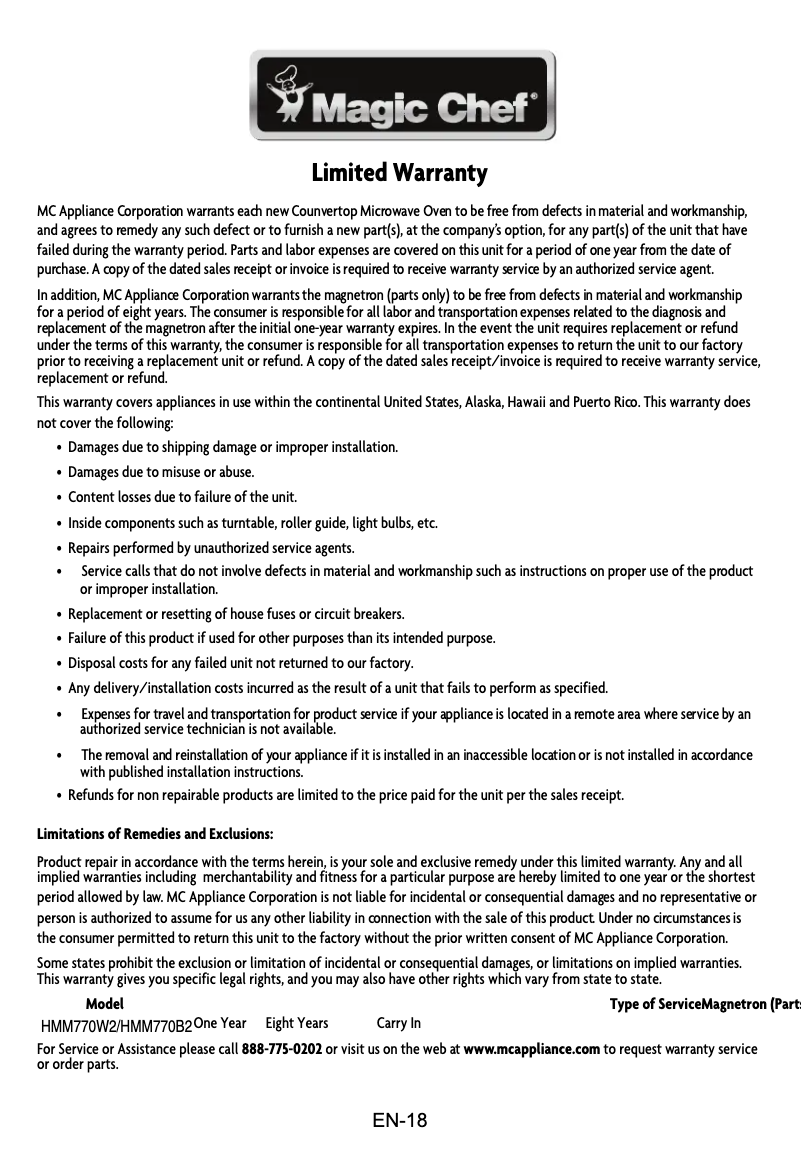 Page 1 de la notice Informations de garantie Magic Chef HMM770B2