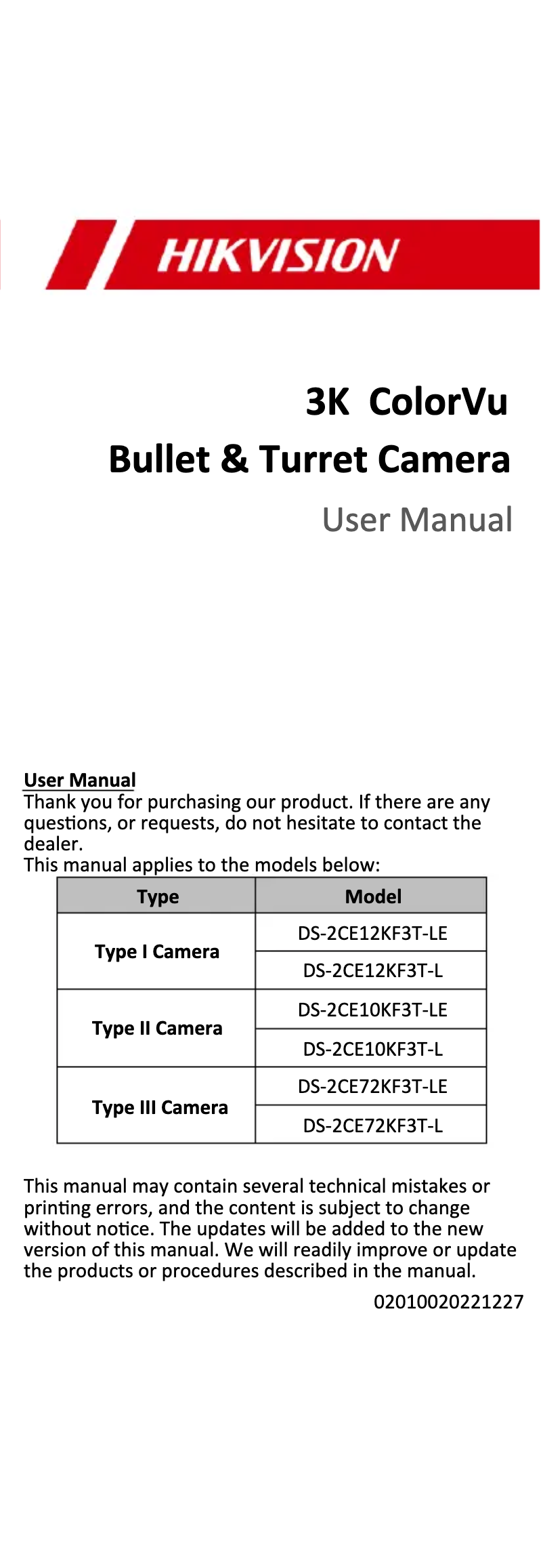 First page image of the manual for DS-2CE72KF3T-LE