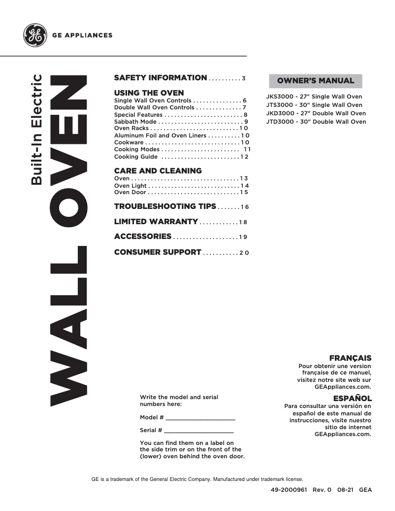 First page image of the manual for JTD3000SNSS