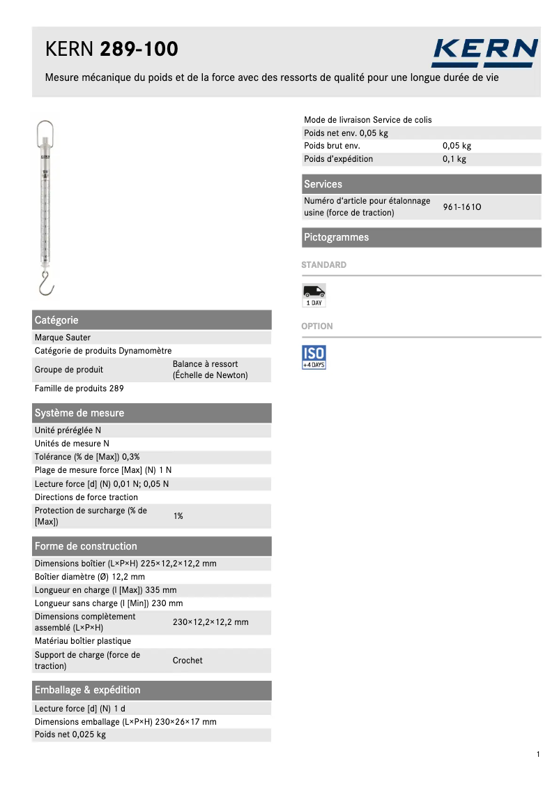 Page 1 of the manual Technical Sheet Kern 289-100