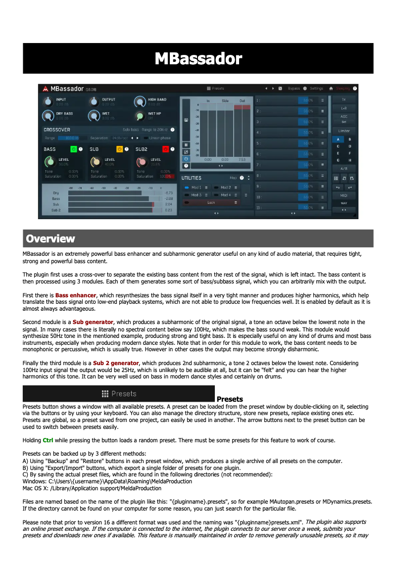 Page 1 of the manual User Manual MeldaProduction Mbassador