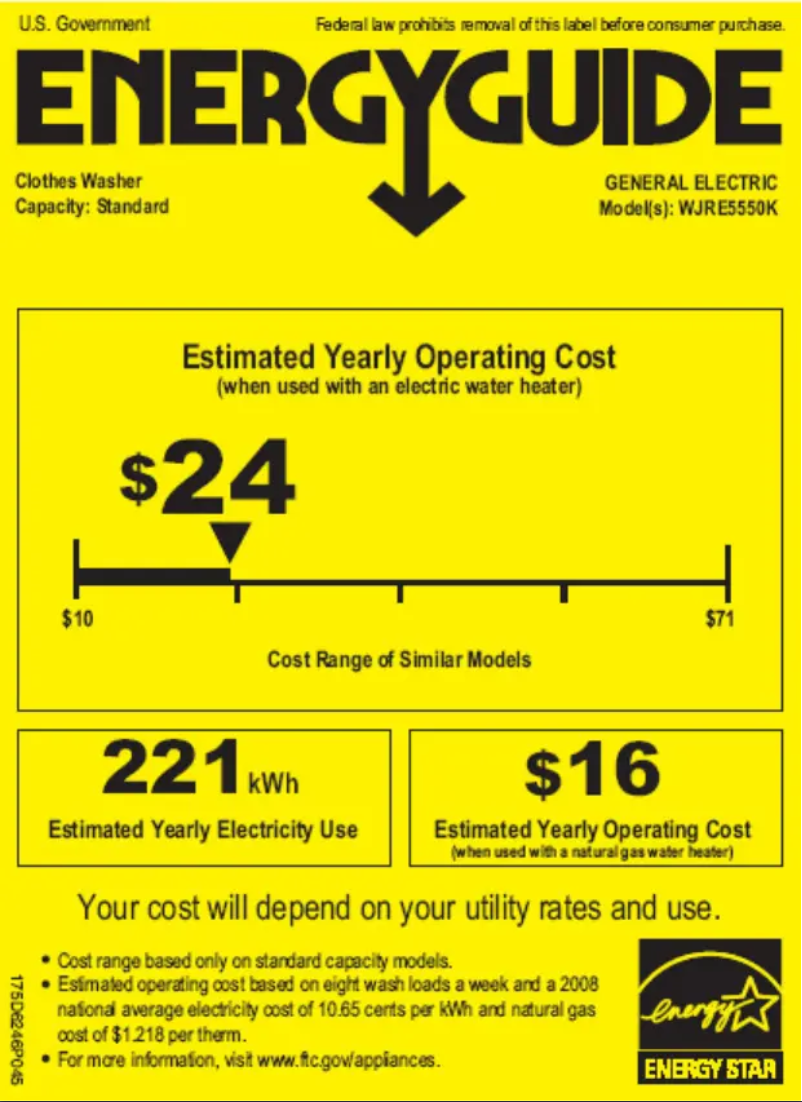Page 1 of the manual Energy Label GE WJRE5550KWW