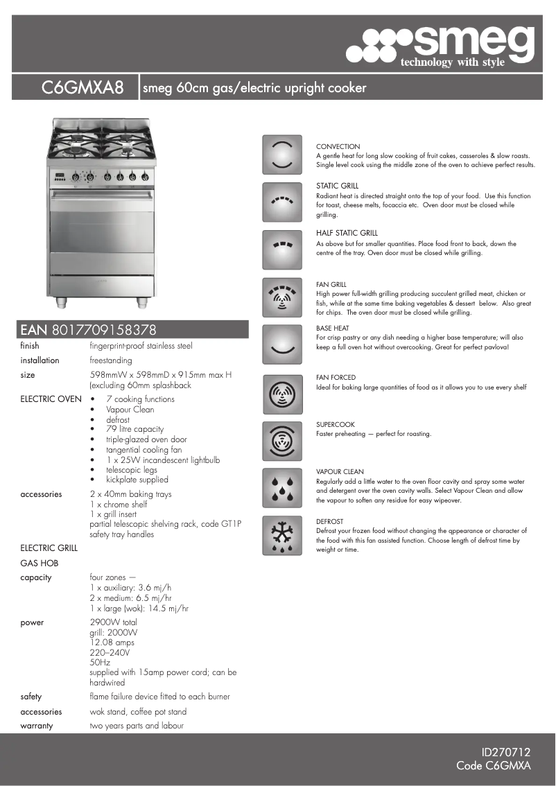 Page 1 of the manual Technical Sheet Smeg C6GMXA8