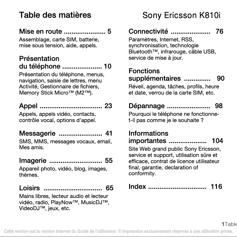 Page 1 of the manual User Manual Sony Ericsson K810i