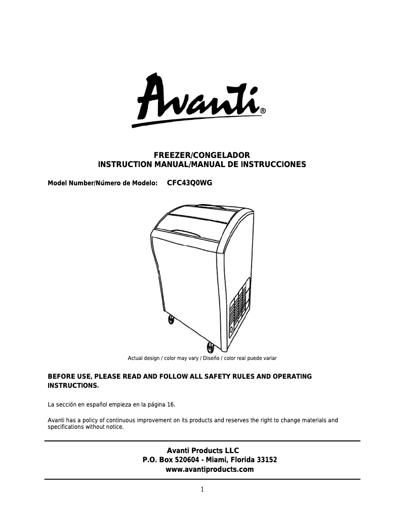 Page 1 of the manual User Manual Avanti CFC43Q0WG