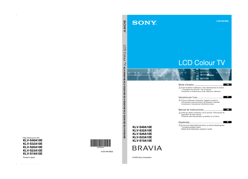 First page image of the manual for Bravia KLV-S19A10E