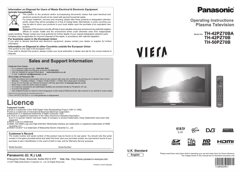 Page 1 of the manual User Manual Panasonic TH-50PZ70B