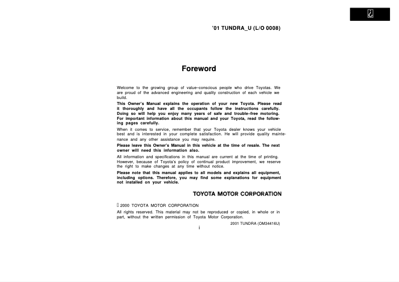 Page 1 of the manual User Manual Toyota Tundra (2001)