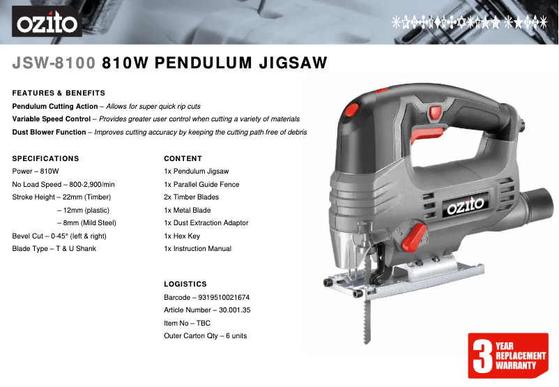 Page 1 of the manual Technical Sheet Ozito JSW-8100