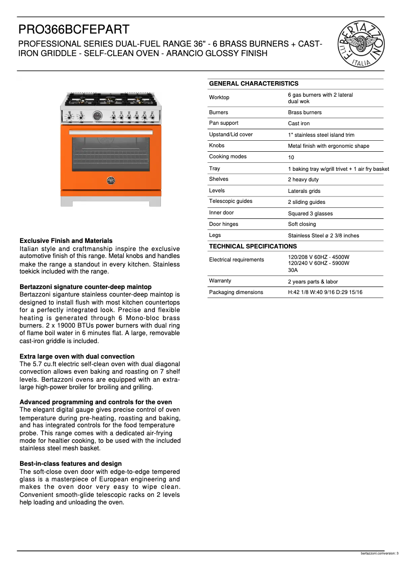 Page 1 of the manual Technical Sheet Bertazzoni PRO366BCFEPART