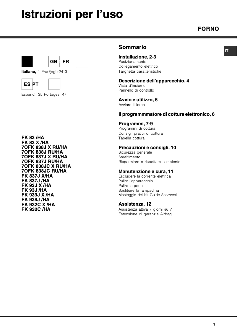 First page image of the manual for FK 83 X/HA