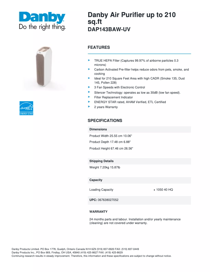 Page 1 of the manual Technical Sheet Danby DAP143BAW-UV