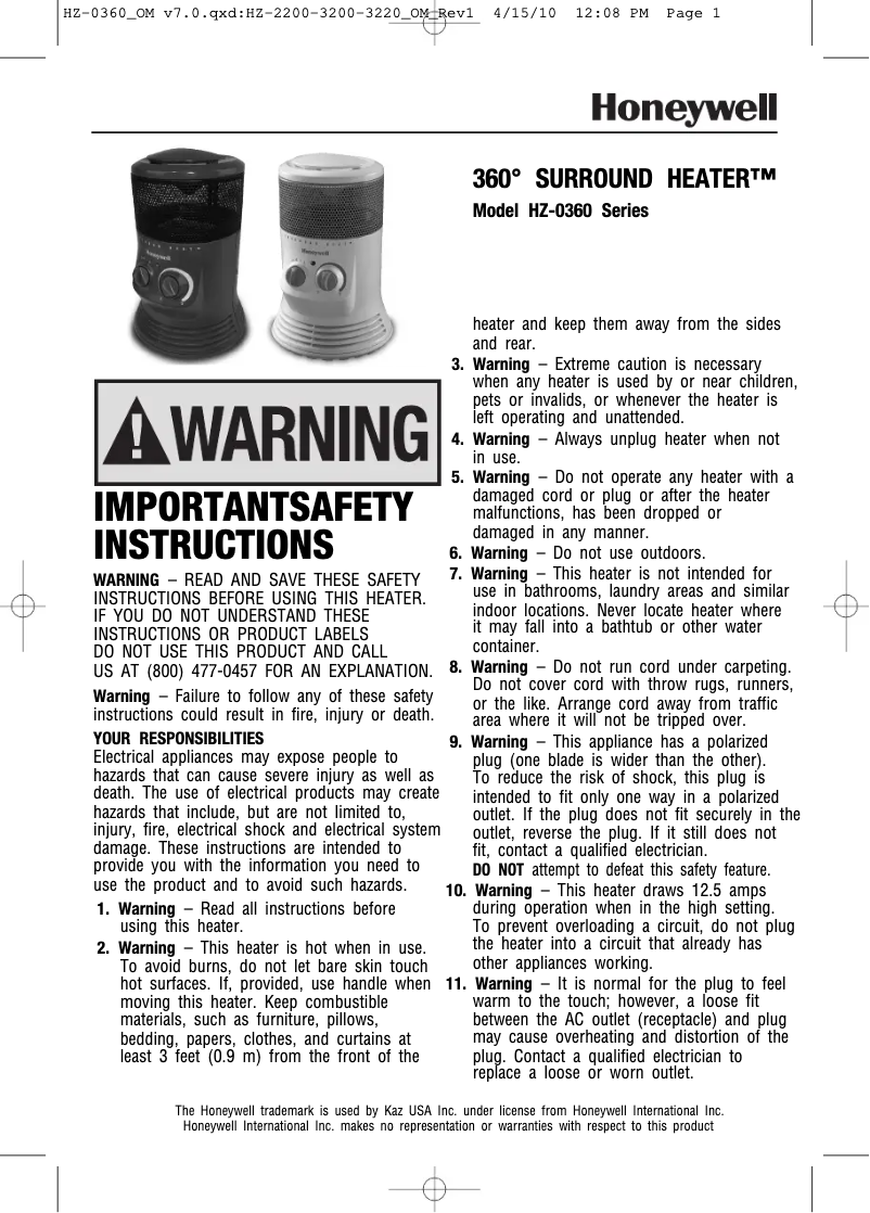 First page image of the manual for Surround Heater HZ-0360