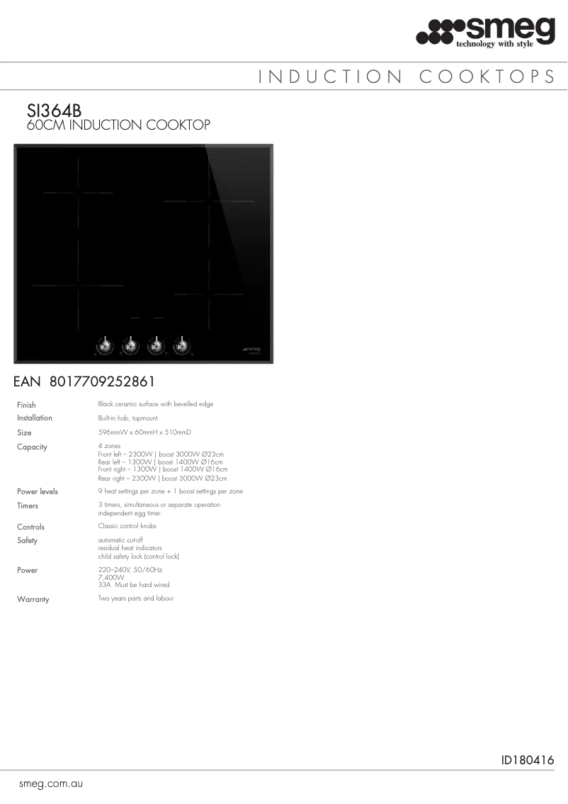Page 1 of the manual Technical Sheet Smeg SI364B