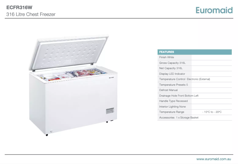 Page 1 of the manual Technical Sheet Euromaid ECFR316W
