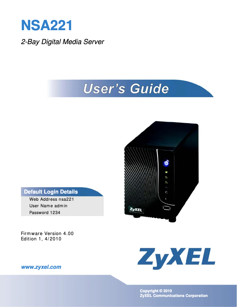 Page 1 of the manual User Manual ZyXEL NSA221-3T