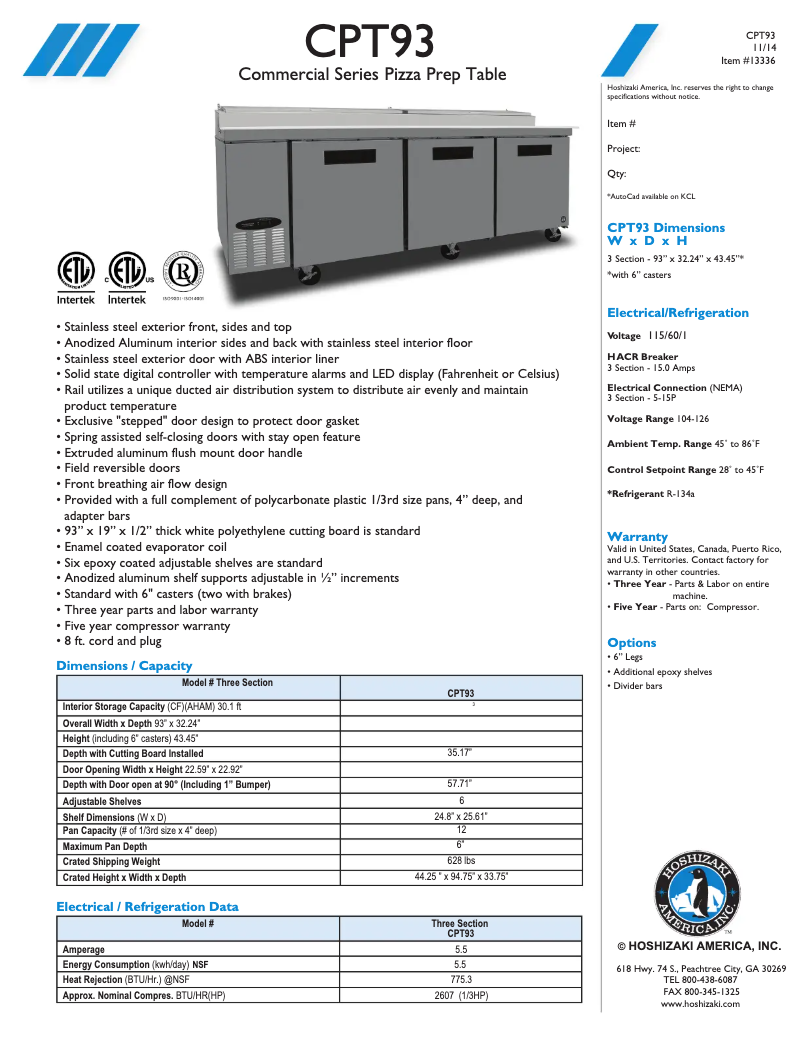 Page 1 of the manual Technical Sheet Hoshizaki CPT93