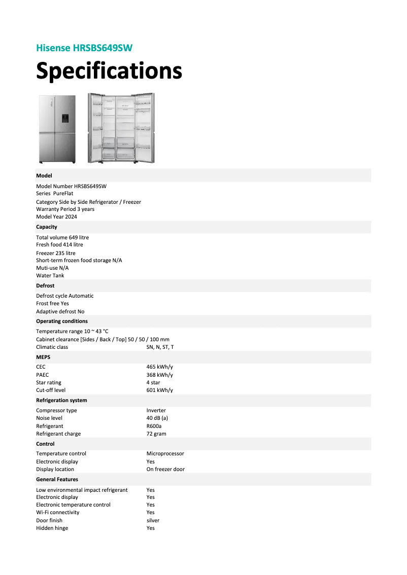 First page image of the manual for HRSBS649SW