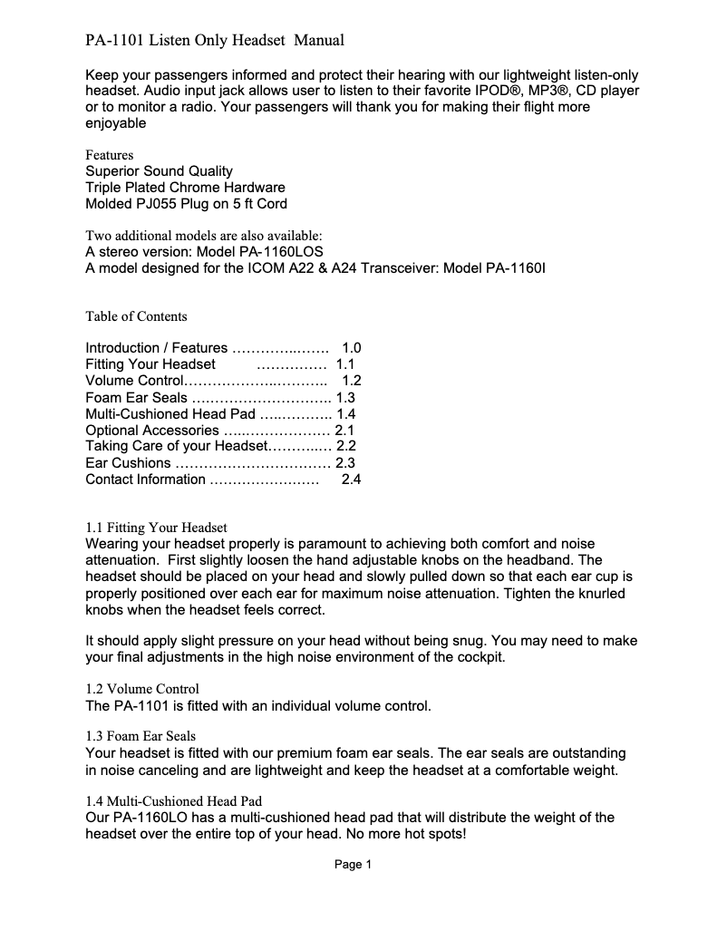 First page image of the manual for PA-1100