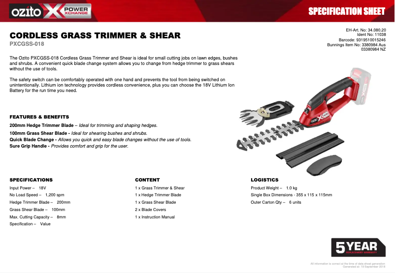 Page 1 of the manual Technical Sheet Ozito PXCGSS-018