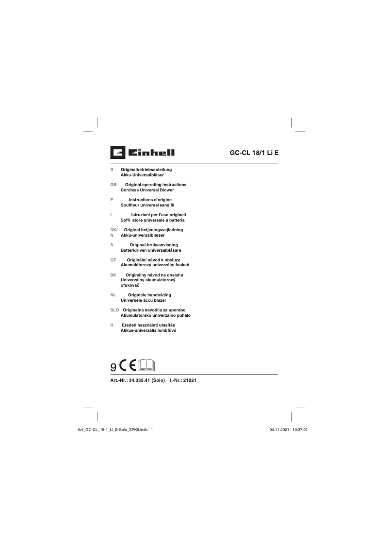 First page image of the manual for GE-CL 18/1 Li E-Solo