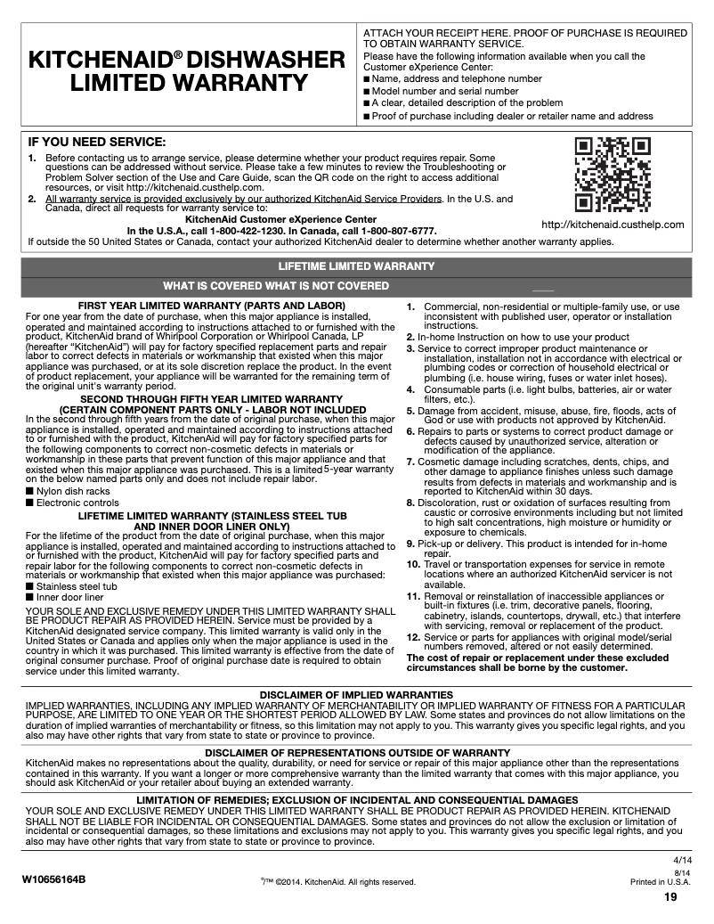 Page 1 of the manual Warranty Information KitchenAid Architect KDTM354DSS