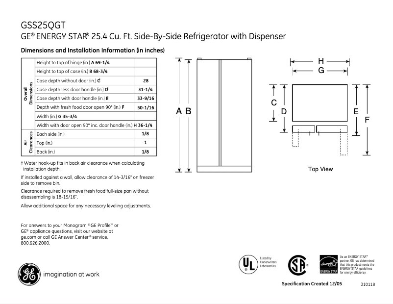 Page 1 of the manual Technical Sheet GE GSS25QGTBB