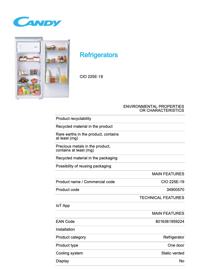 Page 1 of the manual Technical Sheet Candy CIO 225E-19