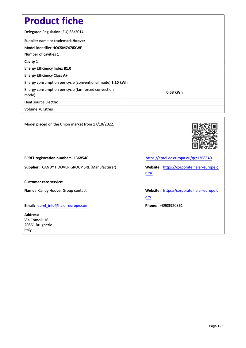 First page image of the manual for HOC5M7478XWF