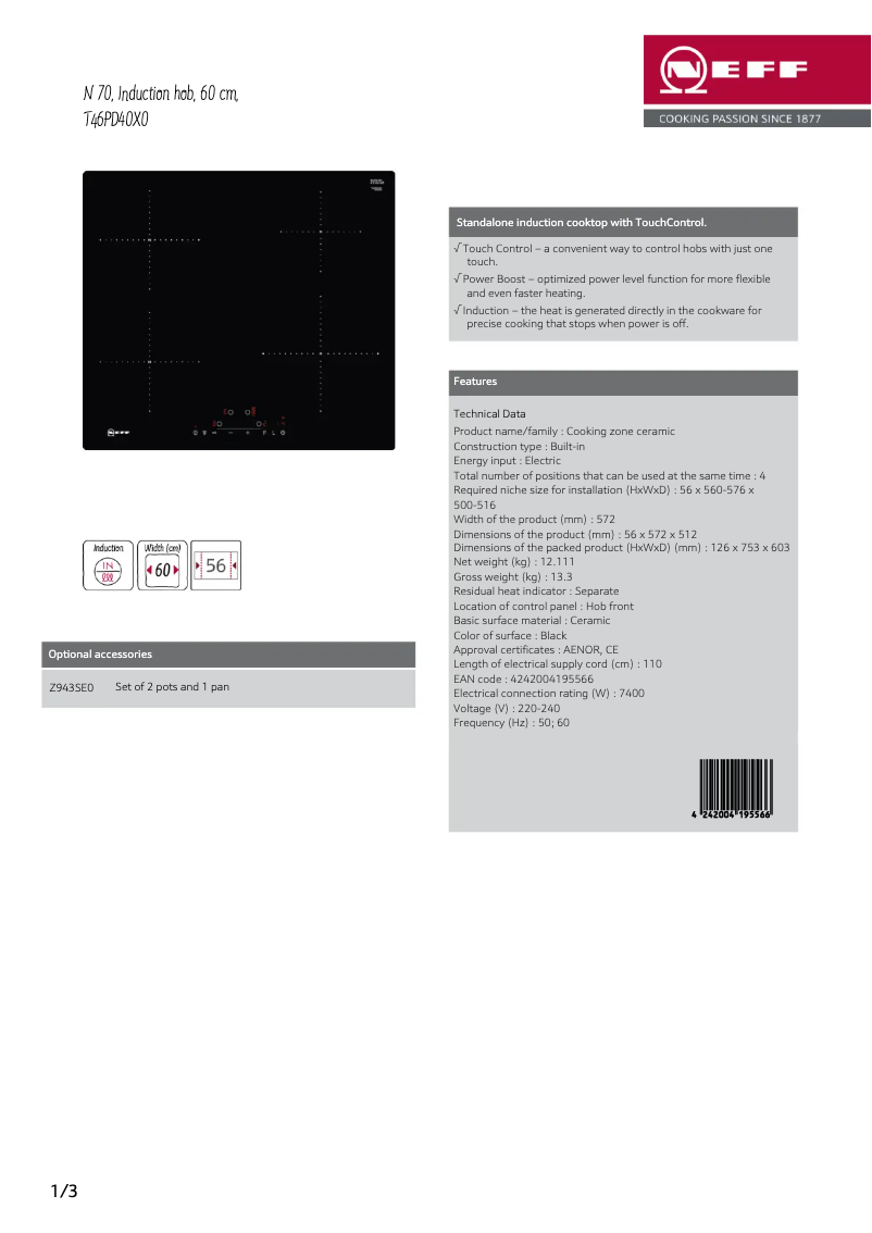 Page 1 of the manual Technical Sheet Neff T46PD40X0