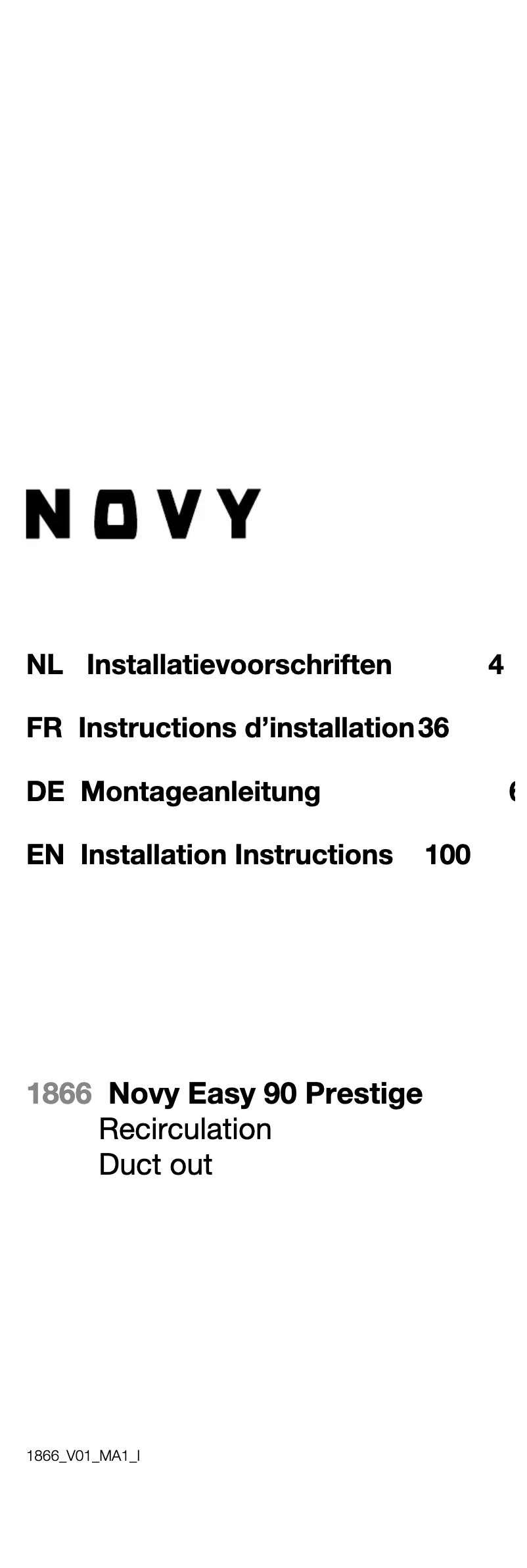Page 1 of the manual Installation Guide Novy Easy Pro Prestige 1866