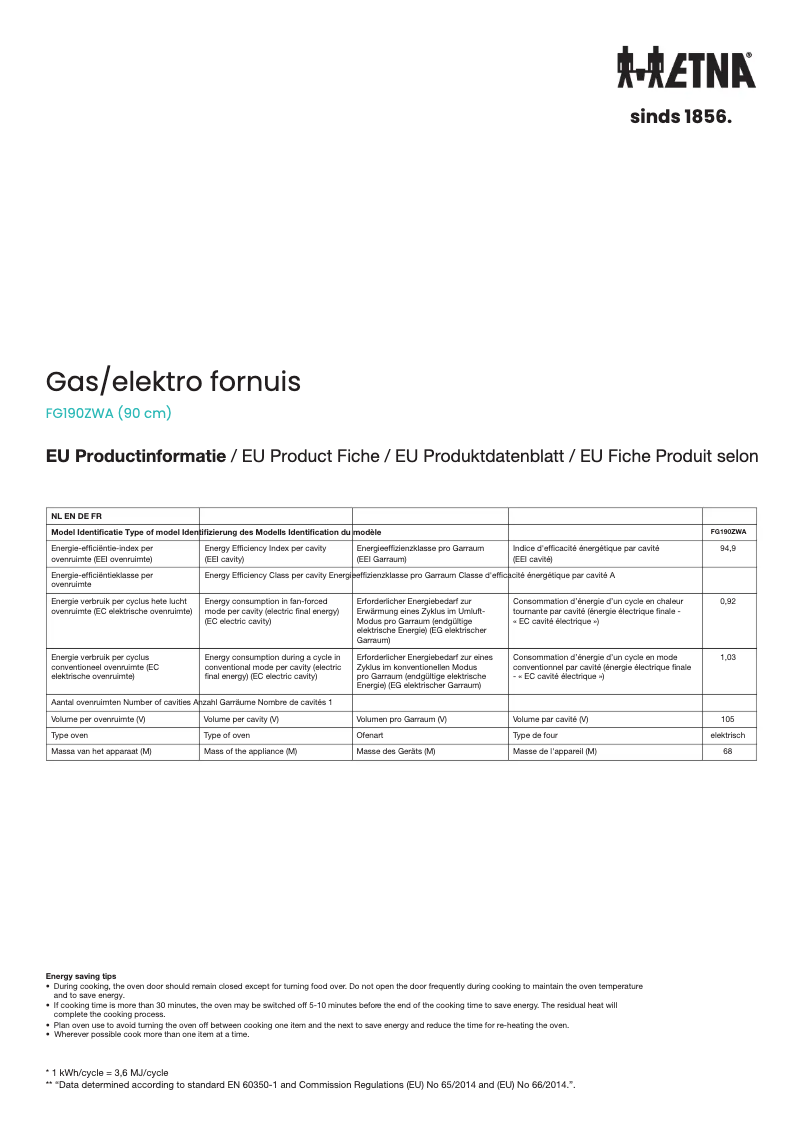 First page image of the manual for FG190ZWA