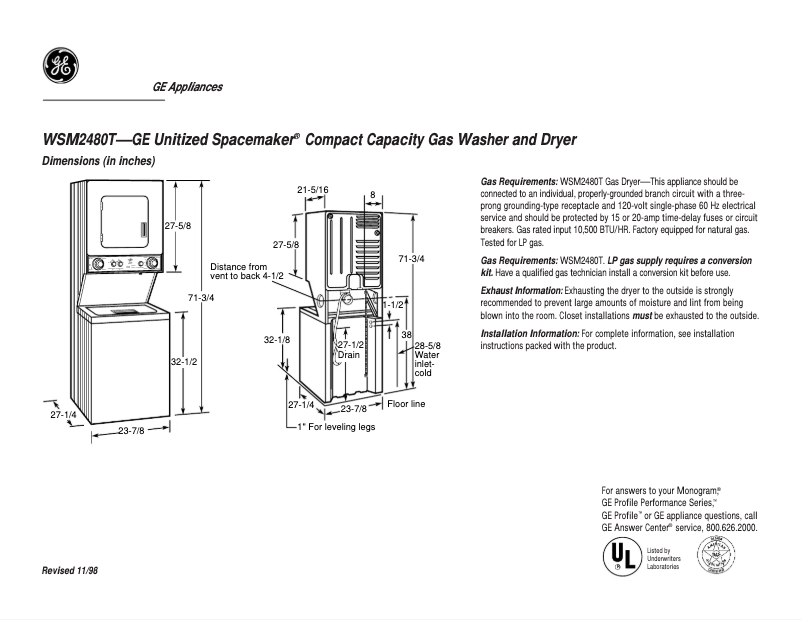 Page 1 of the manual Technical Sheet GE WSM2480TWW