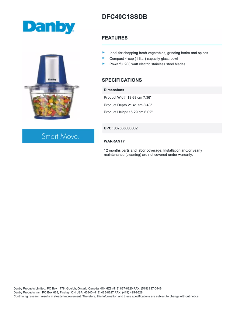 Page 1 of the manual Technical Sheet Danby DFC40C1SSDB
