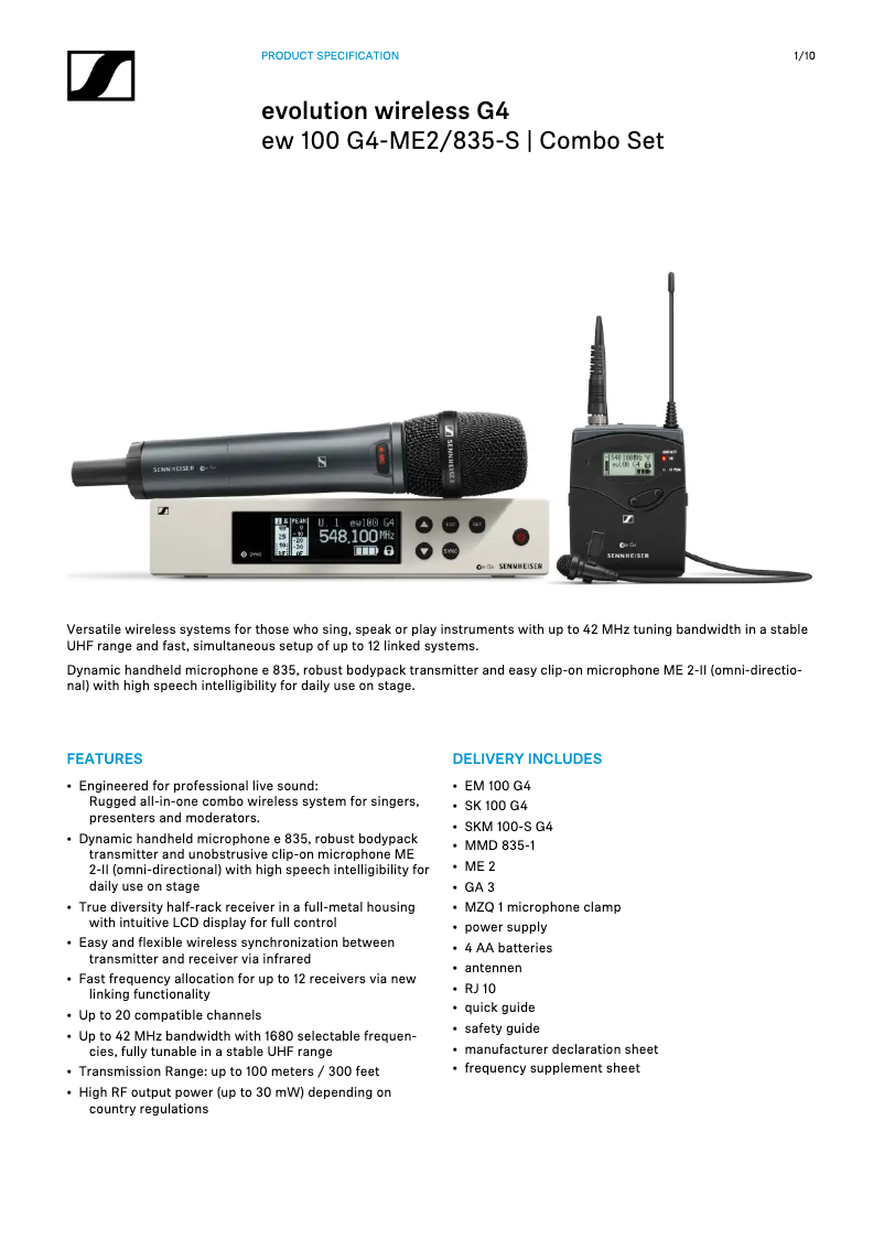 Page 1 of the manual Technical Sheet Sennheiser SKM 100 G4-S