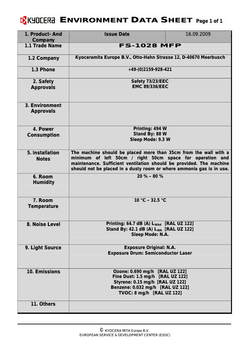 Page 1 of the manual Technical Sheet Kyocera FS-1028MFP