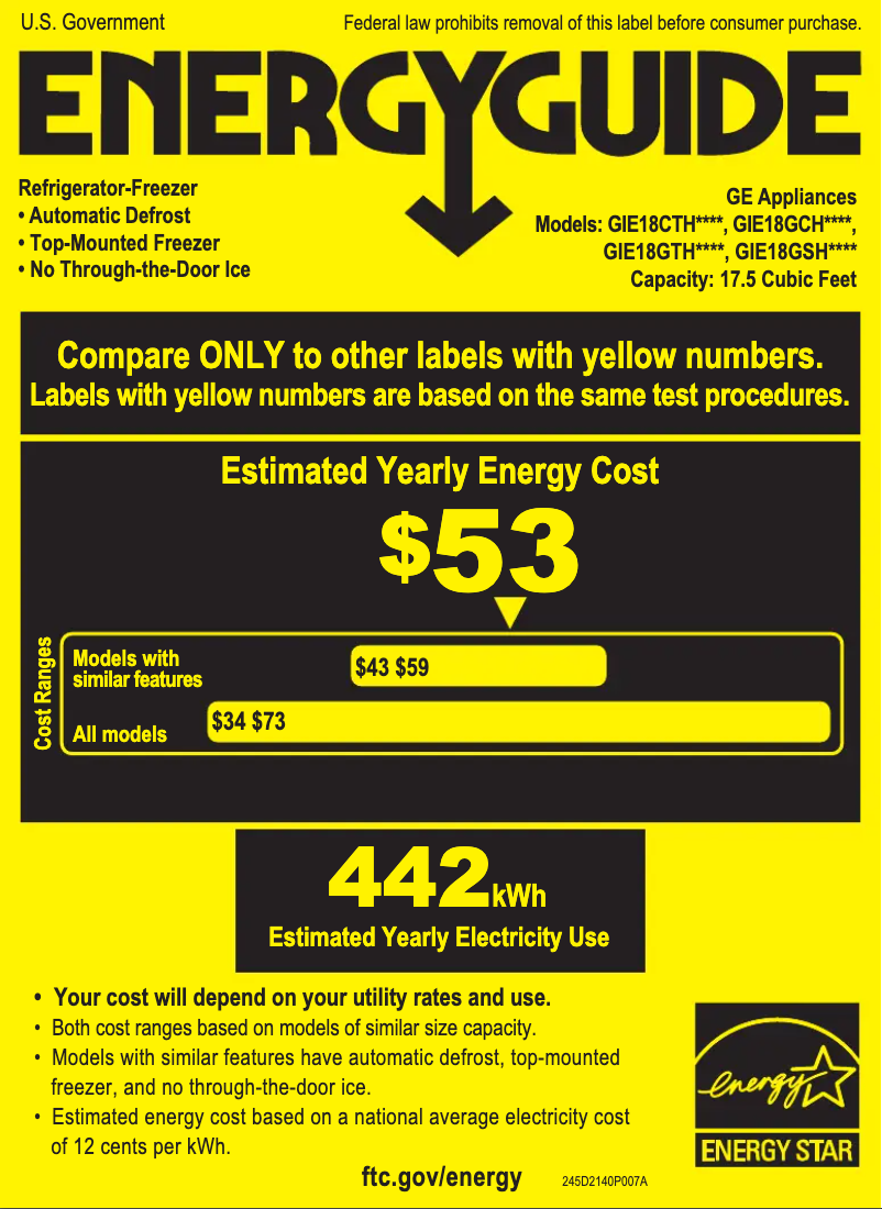 Page 1 of the manual Energy Label GE GIE18GTHCC