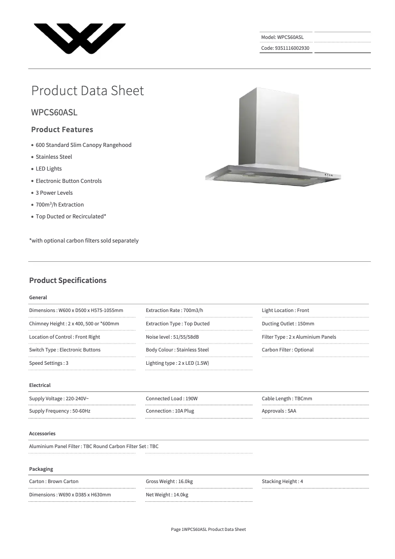Page 1 of the manual Technical Sheet Tisira WPCS60AS-L