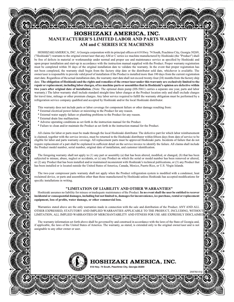 Page 1 of the manual Warranty Information Hoshizaki C-80BAJ-AD