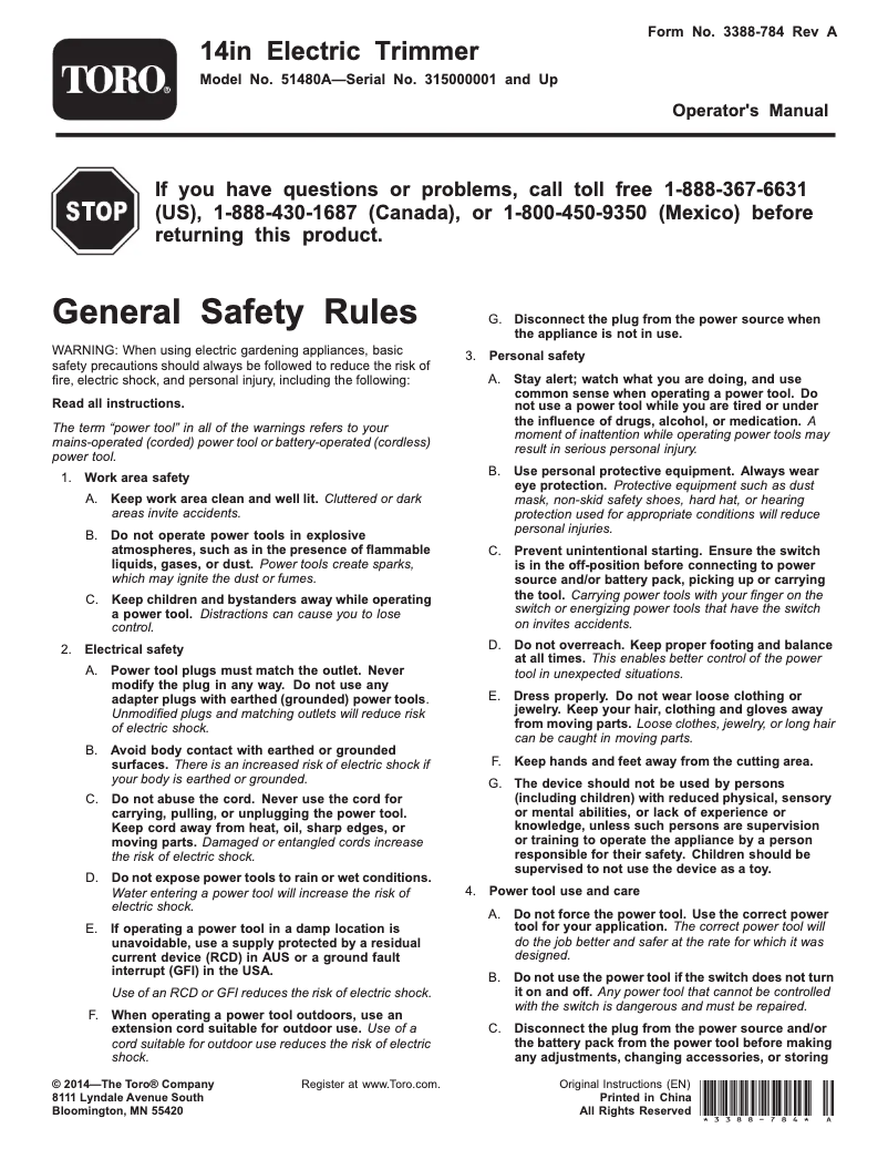 Page 1 of the manual User Manual Toro 51480A