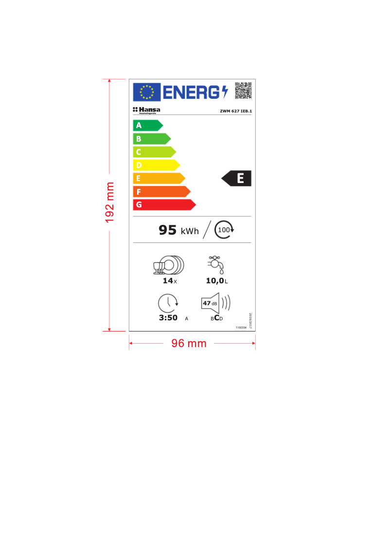 Page 1 of the manual Energy Label Hansa ZWM 627 IEB