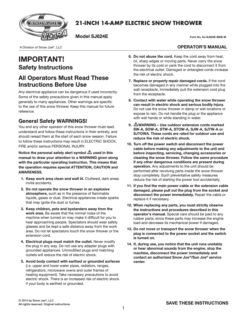 Page 1 of the manual User Manual Snow Joe Ultra 21-Inch 14-Amp