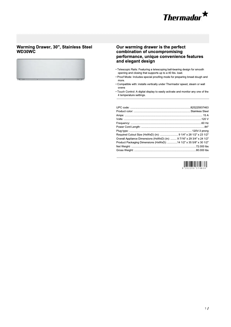 Page 1 of the manual Technical Sheet Thermador WD30WC