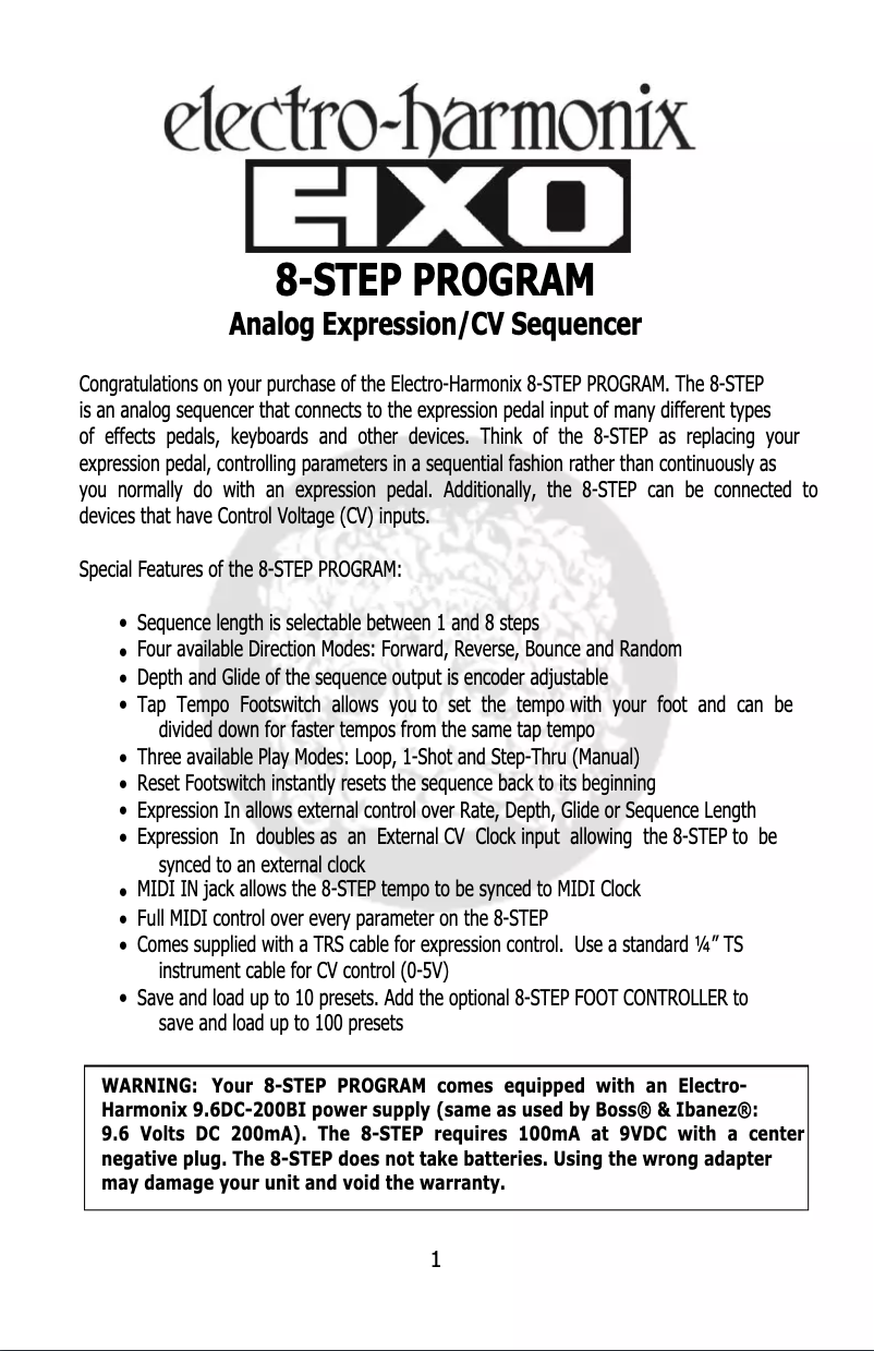 Page 1 of the manual User Manual Electro Harmonix 8 Step Program Foot Controller