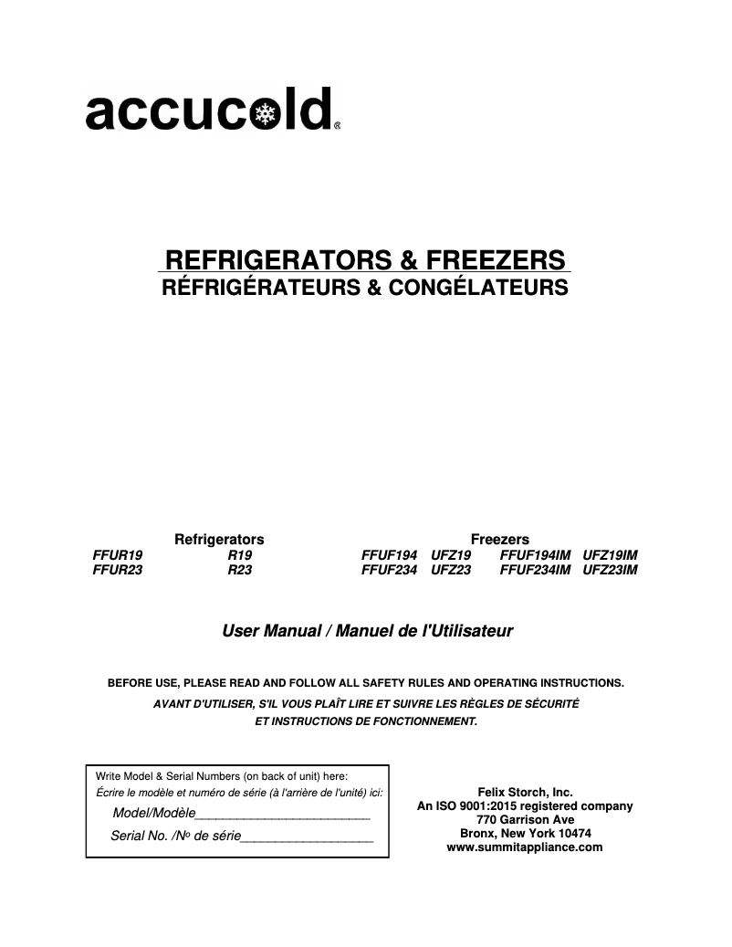 Page 1 of the manual User Manual Accucold FFUR19
