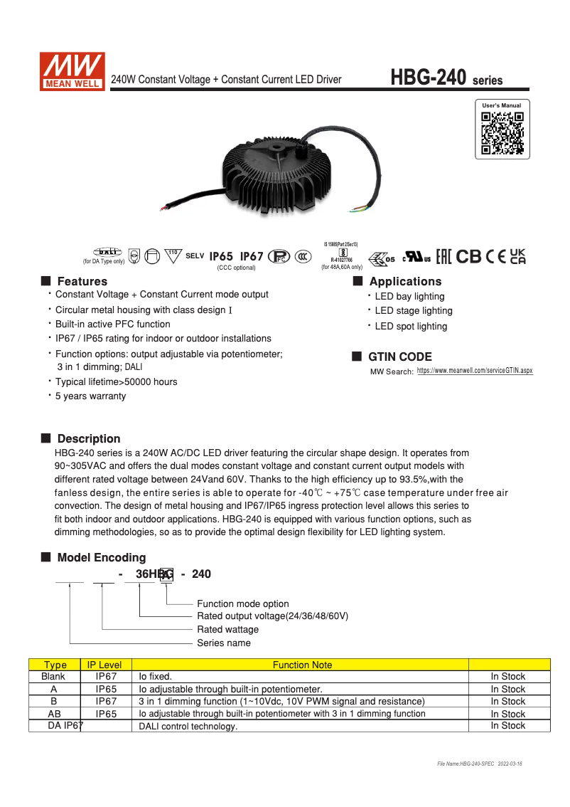 First page image of the manual for HBG-240-48B